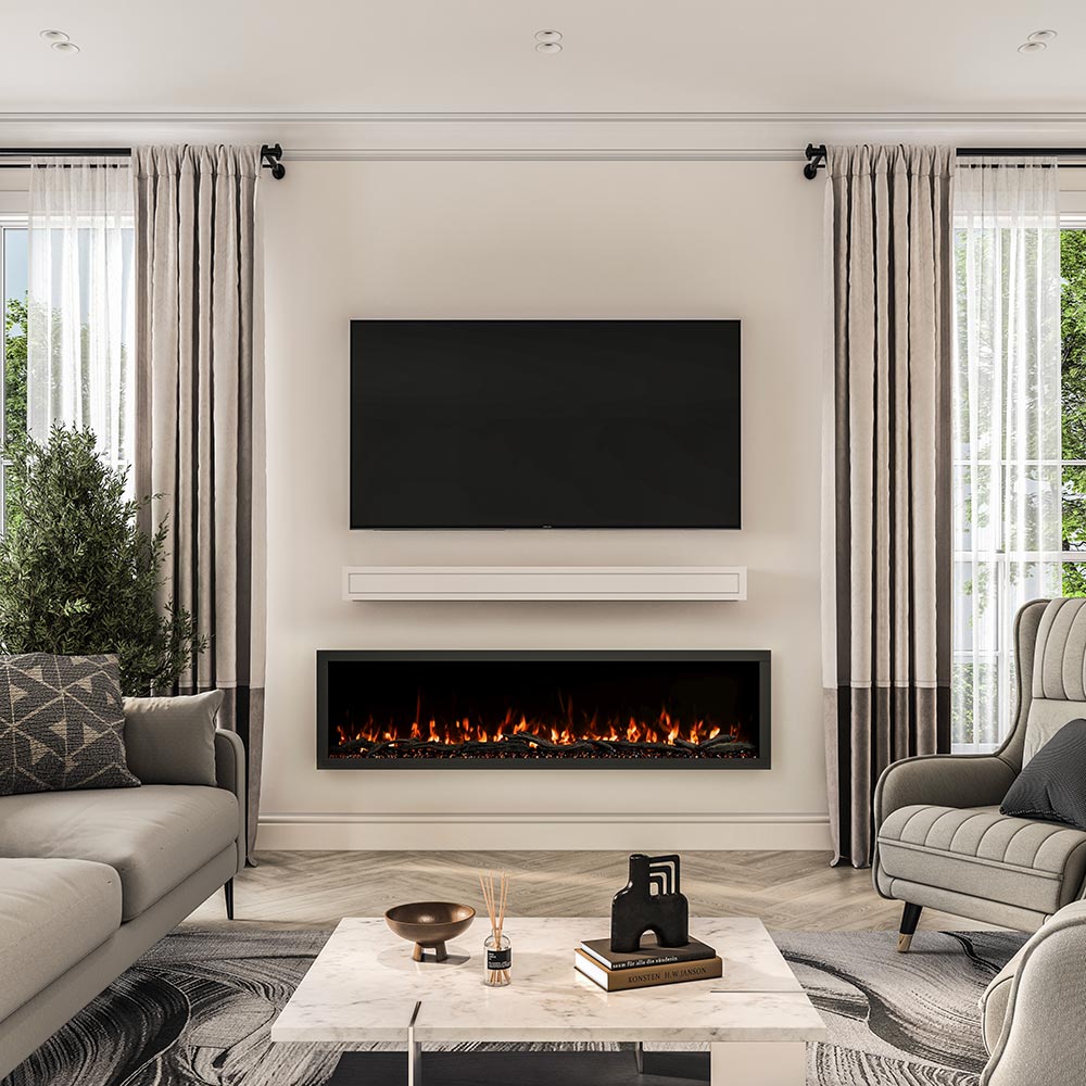 Bright modern living room showcasing the Lotta Shelf in a white paint, demonstrating its simple block design and versatile style above a fireplace.
