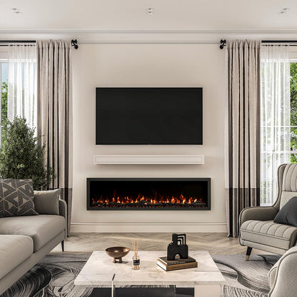 Bright modern living room showcasing the Lotta Shelf in a white paint, demonstrating its simple block design and versatile style above a fireplace.