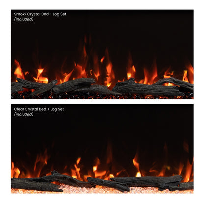 Close-up of the Highmark fireplace's intense orange and yellow flames, demonstrating the realistic, ultra-wide flame display.