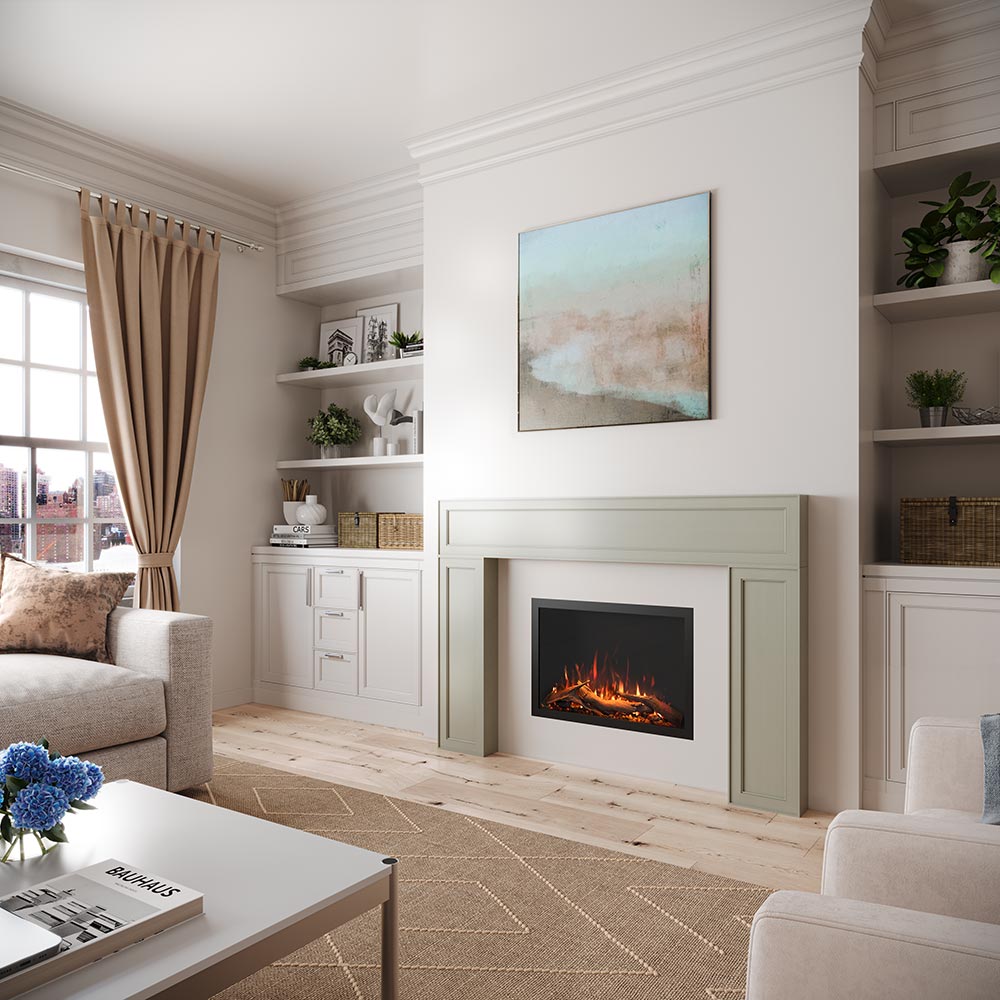 Highmark Built-in Fireplace installed in a cozy, traditional living room with a white mantel and crown molding.