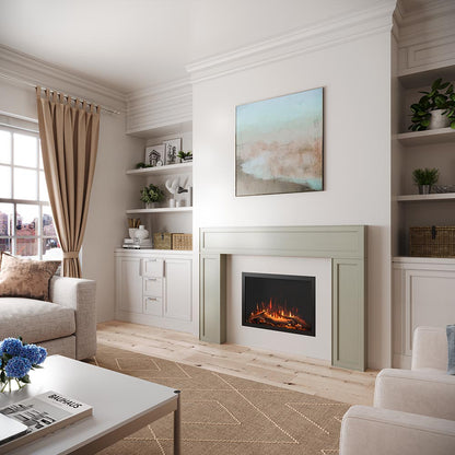 Highmark Built-in Fireplace installed in a cozy, traditional living room with a white mantel and crown molding.