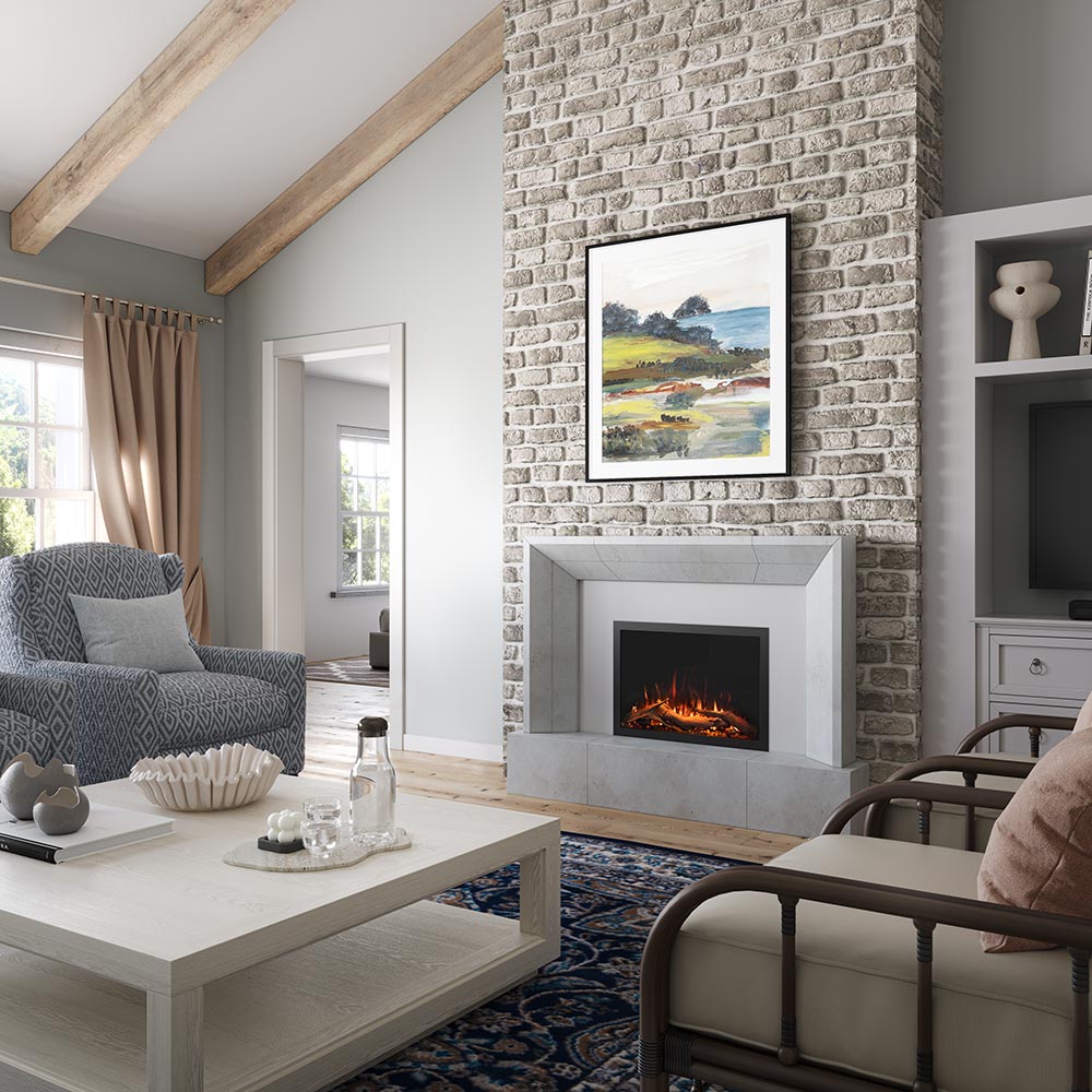 Bright, modern farmhouse living room featuring the Highmark Built-in Fireplace recessed into a modern surround and with stone wall. 
