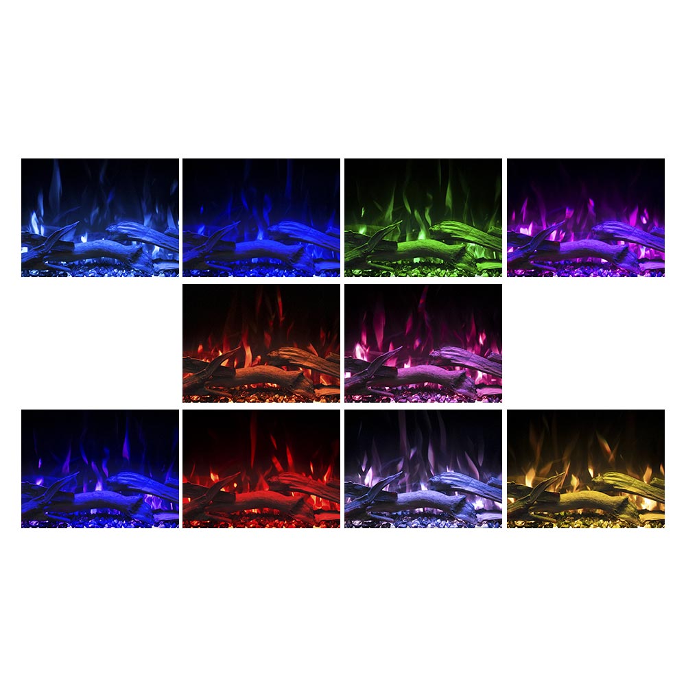 Grid displaying 10 different colors like blue, purple, and green flame color and ember bed combinations for the 33" smart firebox.