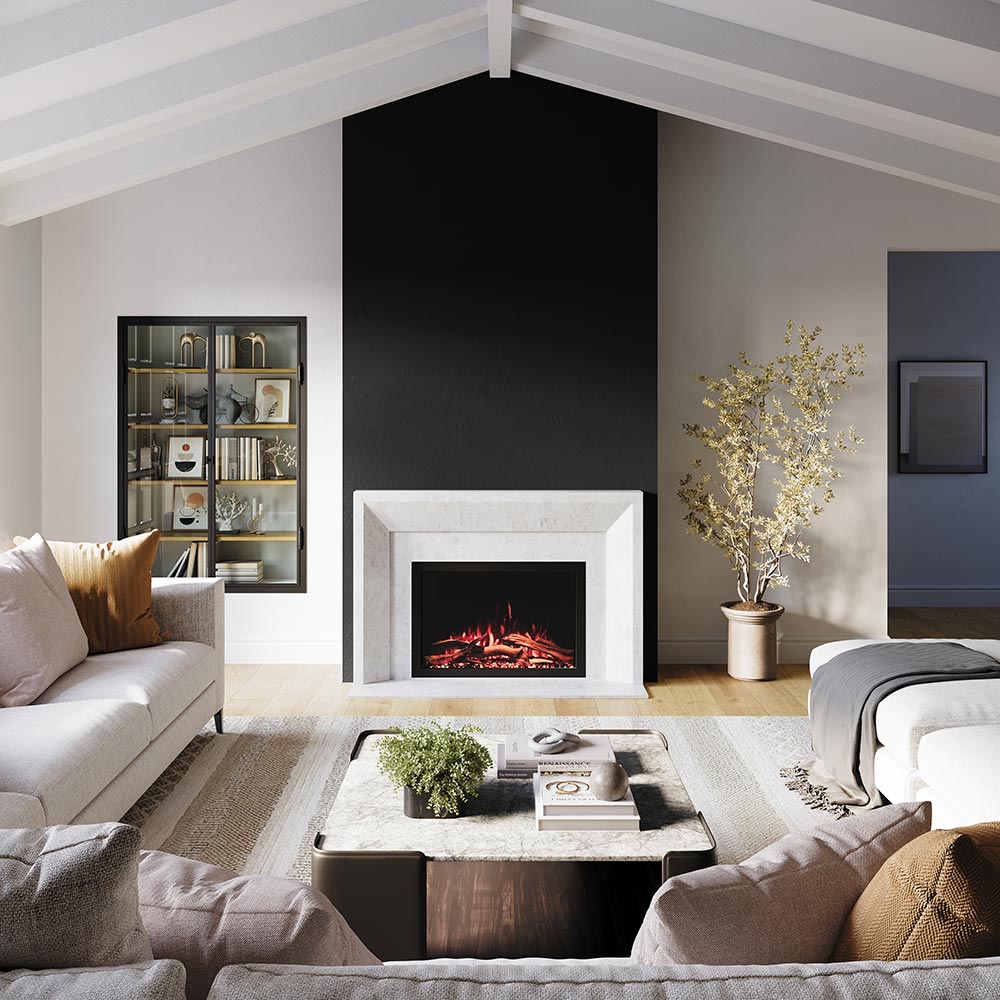 Large cathedral living room with the Highmark Built-in Fireplace serving as the central heating and aesthetic focal point. 
