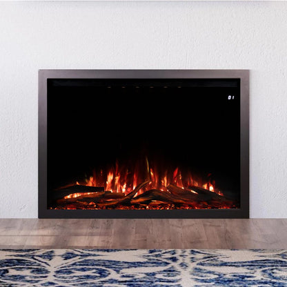Straight-on view of the Highmark Traditional Fireplace insert, highlighting the black firebox and vibrant flames.