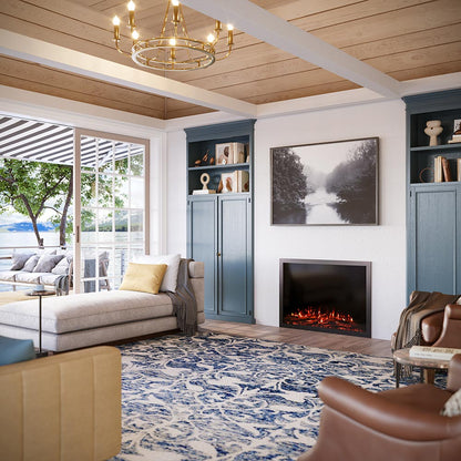 Large traditional living room with the Highmark Built-in Fireplace serving as the central heating and aesthetic focal point.