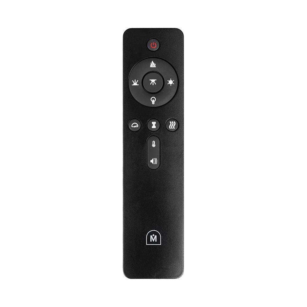 Full layout of the Highmark Traditional Built-in Electric Fireplace remote control, showing buttons for 10 flame colors, 4 speeds, and downlight control.