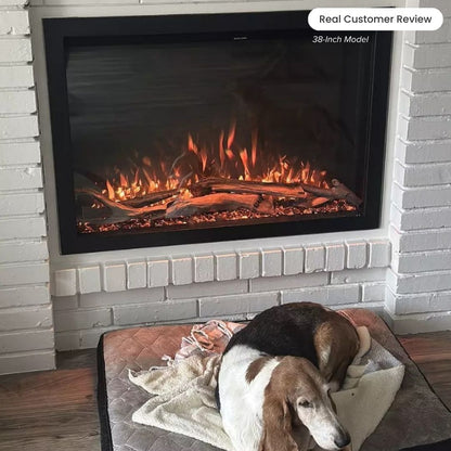 Highmark Built-in Fireplace installed in a cozy, traditional living room with a white brick and dog , showcasing safety features. 