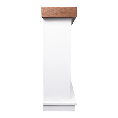 Side profile of the white cast stone mantel leg, showing the clean lines and texture.