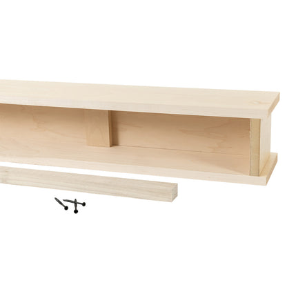 Exploded view of a light wood Modern Ember mantel shelf showing mounting bracket and hardware, 60-inch length