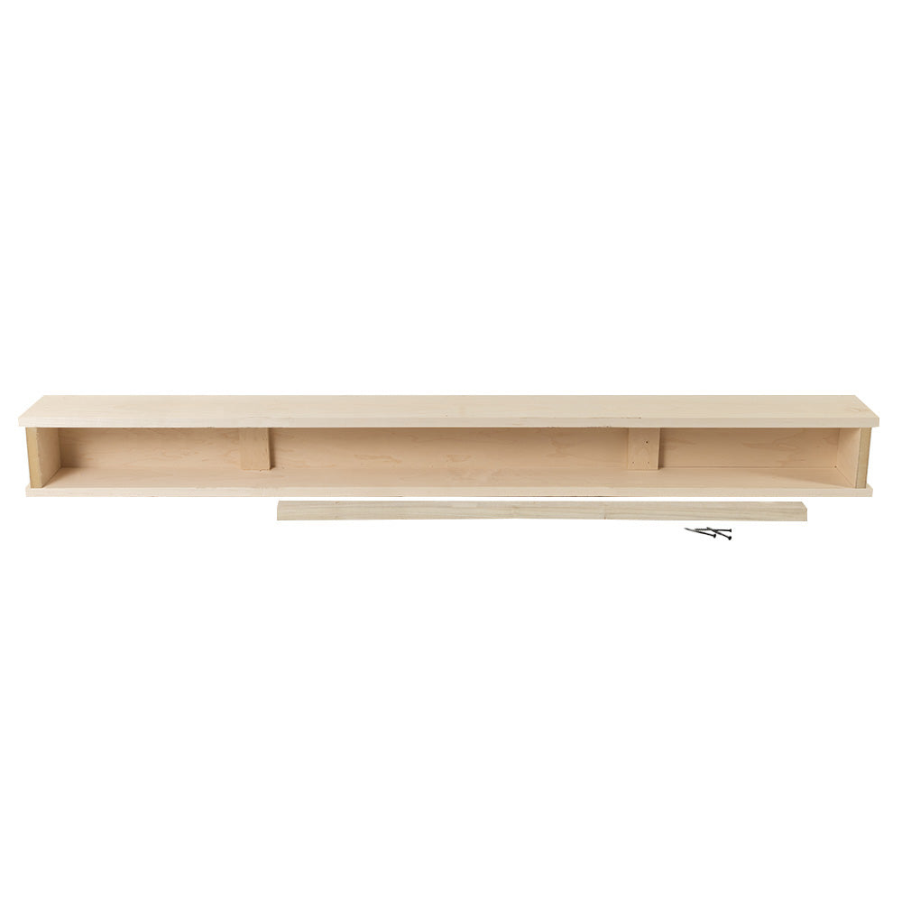 Exploded view of a light wood Modern Ember Muirwood floating mantel shelf showing mounting bracket and hardware, 60-inch length