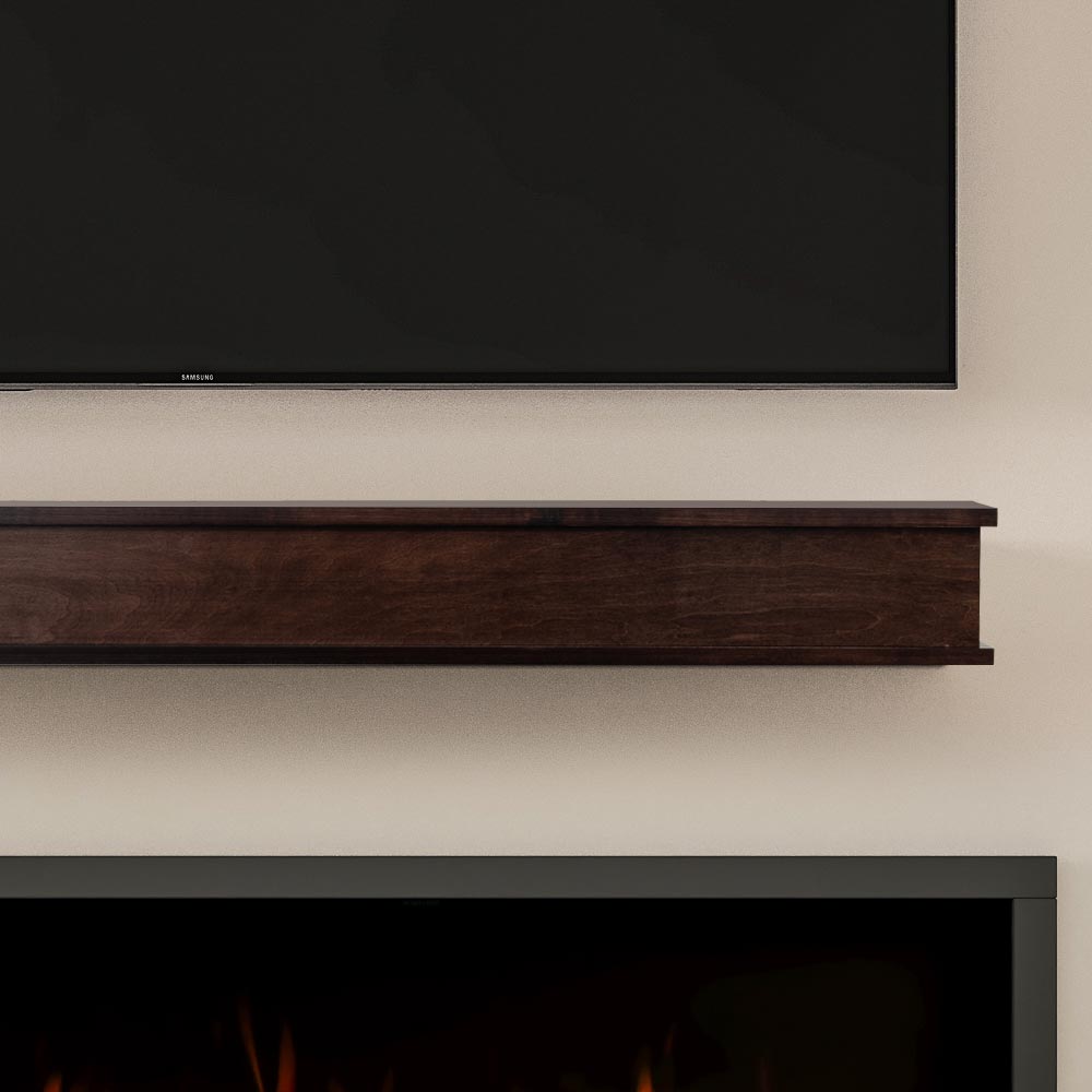 Close-up of a sleek, dark wood Modern Ember floating mantel shelf