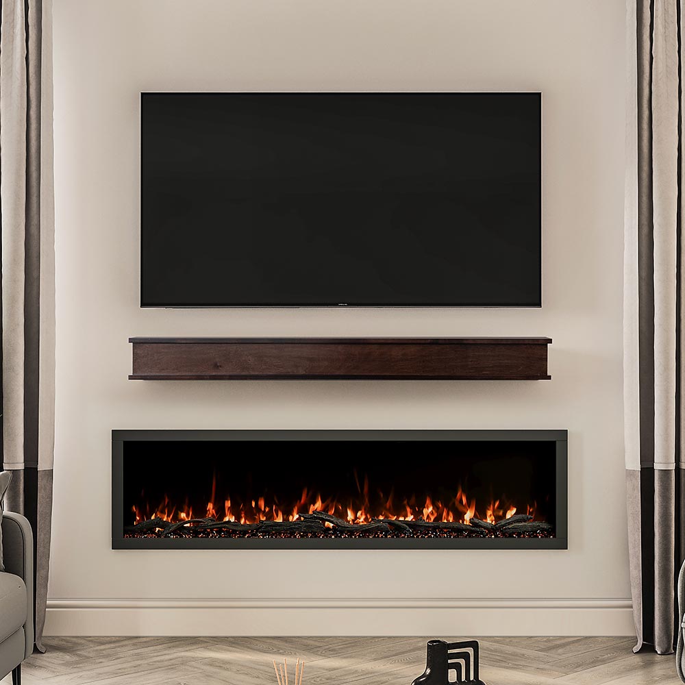 Modern Ember dark wood mantel shelf above a black electric fireplace, with a large flat-screen TV mounted on the wall above the mantel. Contemporary living room design