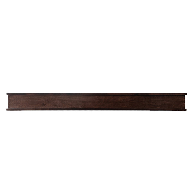 Muirwood 60-in Wood Mantel Shelf  in Chocolate Stain floating fireplace mantel shelf, front view.