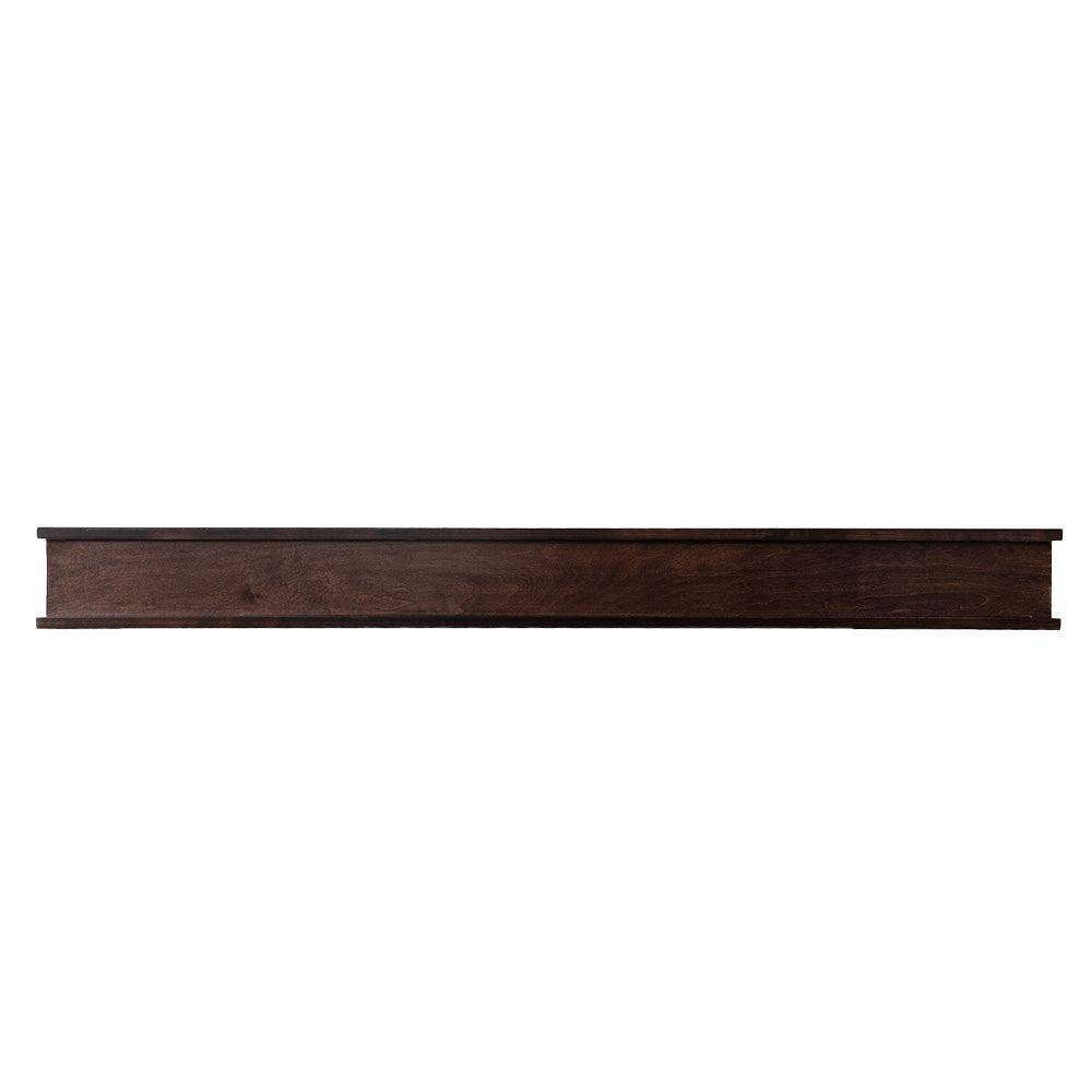 Muirwood 60-in Wood Mantel Shelf  in Chocolate Stain floating fireplace mantel shelf, front view.