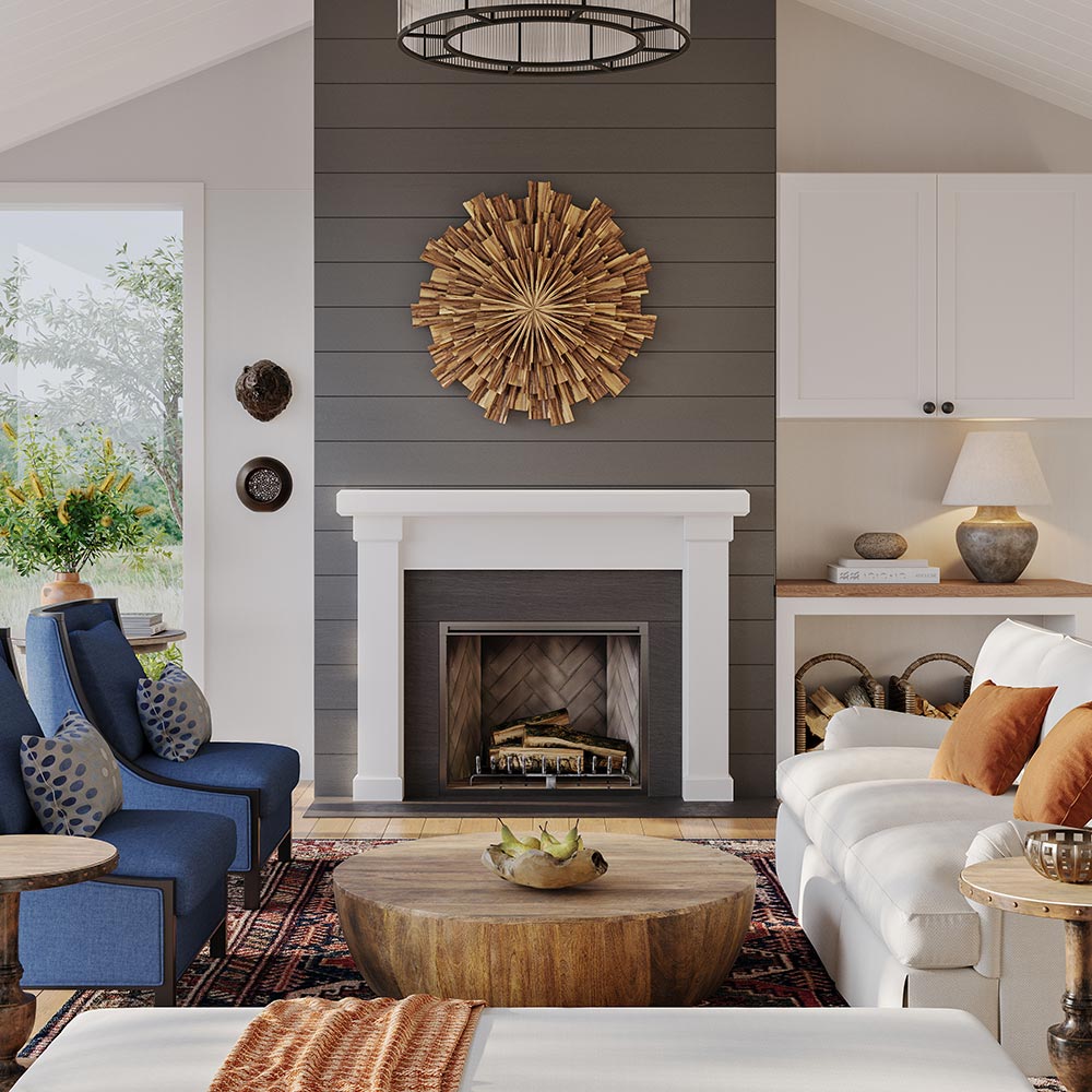 Modern Ember Nobel Mantel Surround in white finish installed in contemporary living room with gray sofa, wall-mounted TV, and decorative accents.