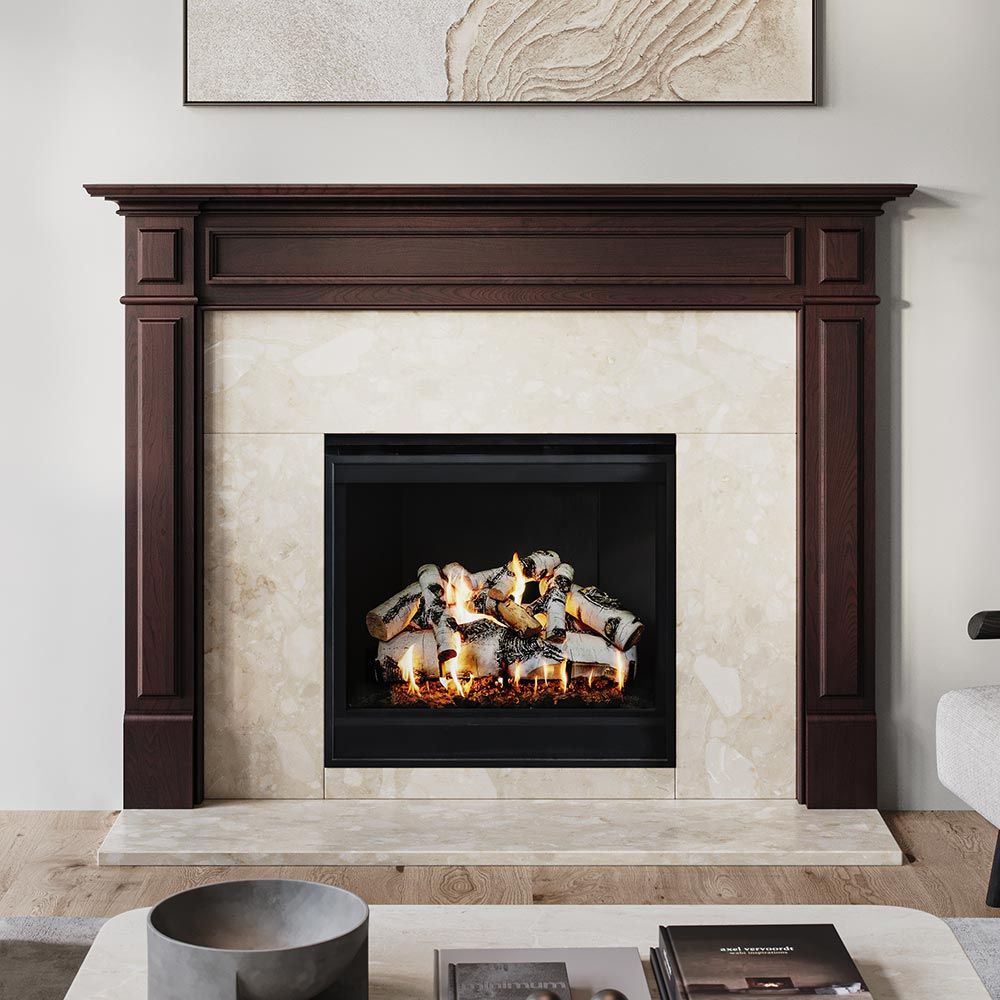 Riversdale Wood Mantel - Red Mahogany Stain, Botticino Agglomerate Facing