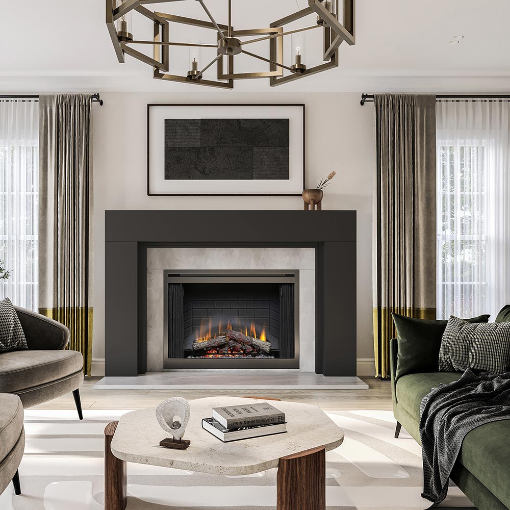 Sabine Wood Fireplace Mantel - Black in modern living room. 
