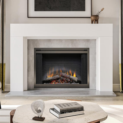 Sabine Wood Mantel - mantel surround in painted white paint finish framing gray firebox with glowing flames, styled in transitional living room