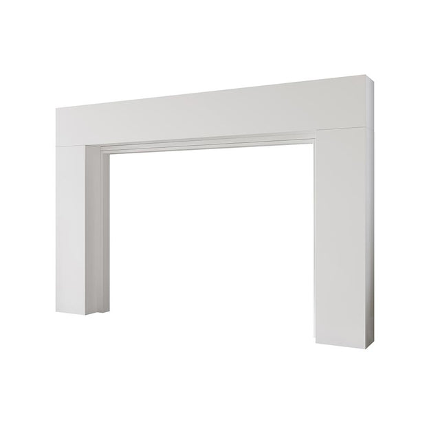 Angled view of Sabine Wood Mantel White Paint