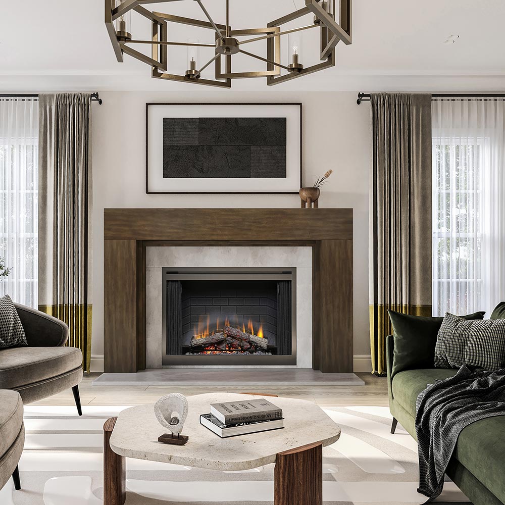 Sabine Wood Fireplace Mantel in Mocha, in modern living room below painting. 
