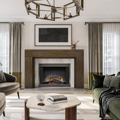 Sabine Wood Fireplace Mantel in Mocha, in modern living room below painting. 