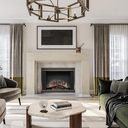 Sabine Wood fireplace Mantel Unfinished in modern livingroom. 