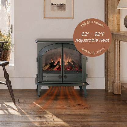 Harlowe Freestanding Electric Stove in a cozy living room corner, heating up to 400 sq. ft., showcasing its classic style and adjustable heat. 
