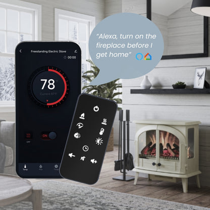 Hand holding the remote control for the Harlowe electric stove, with a smartphone screen showing the companion app and voice control options.