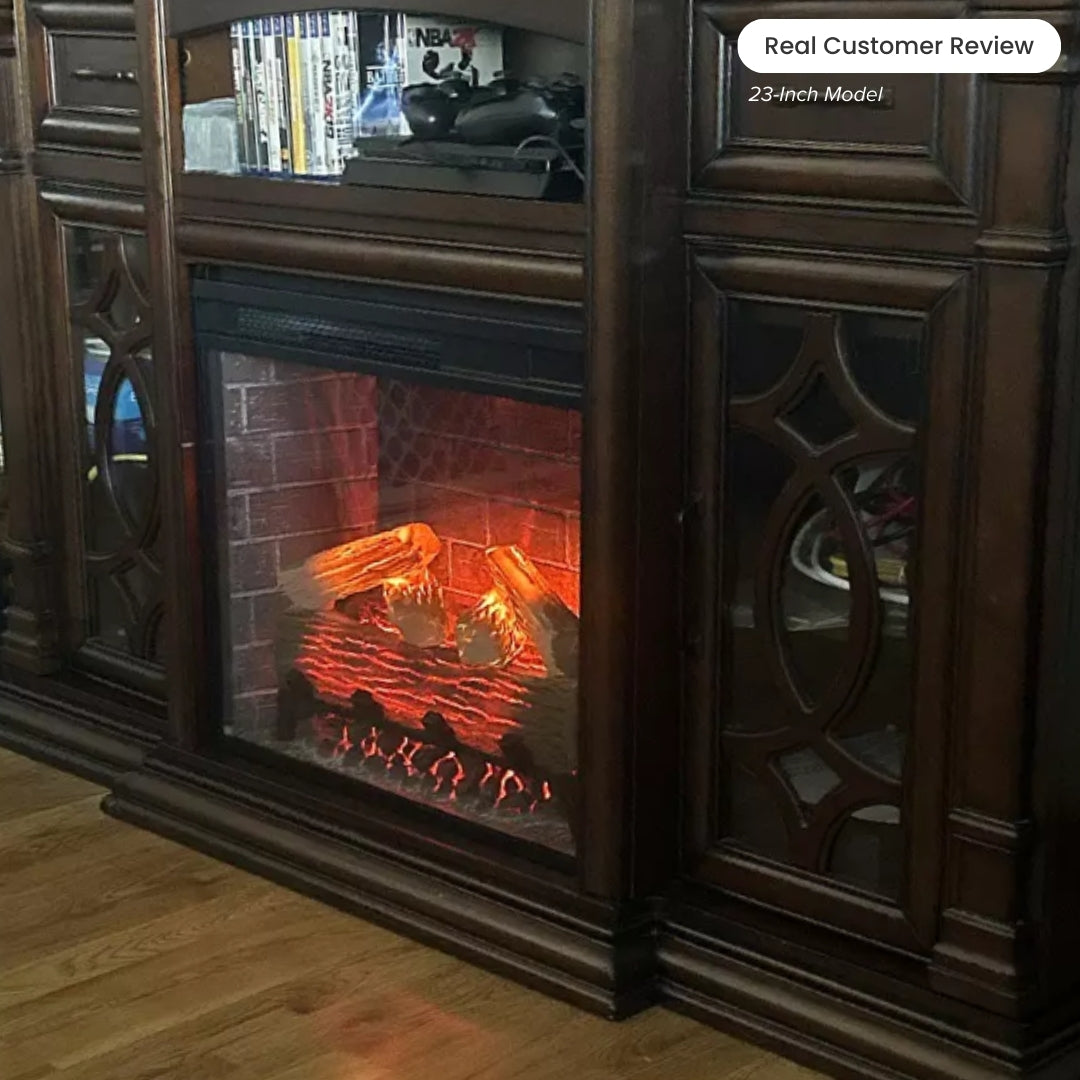Customer image of wooden entertainment center with 23 inch uptown electric fireplace insert.