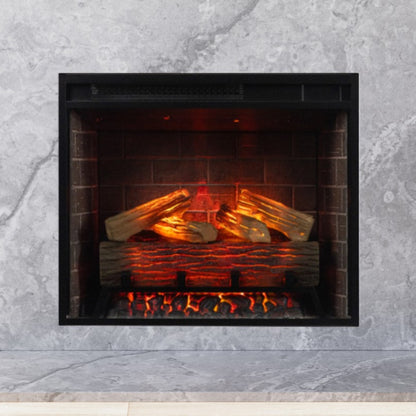 Uptown Smart Electric Insert recessed into a white mantel with marble surround, showing the cool-touch glass.