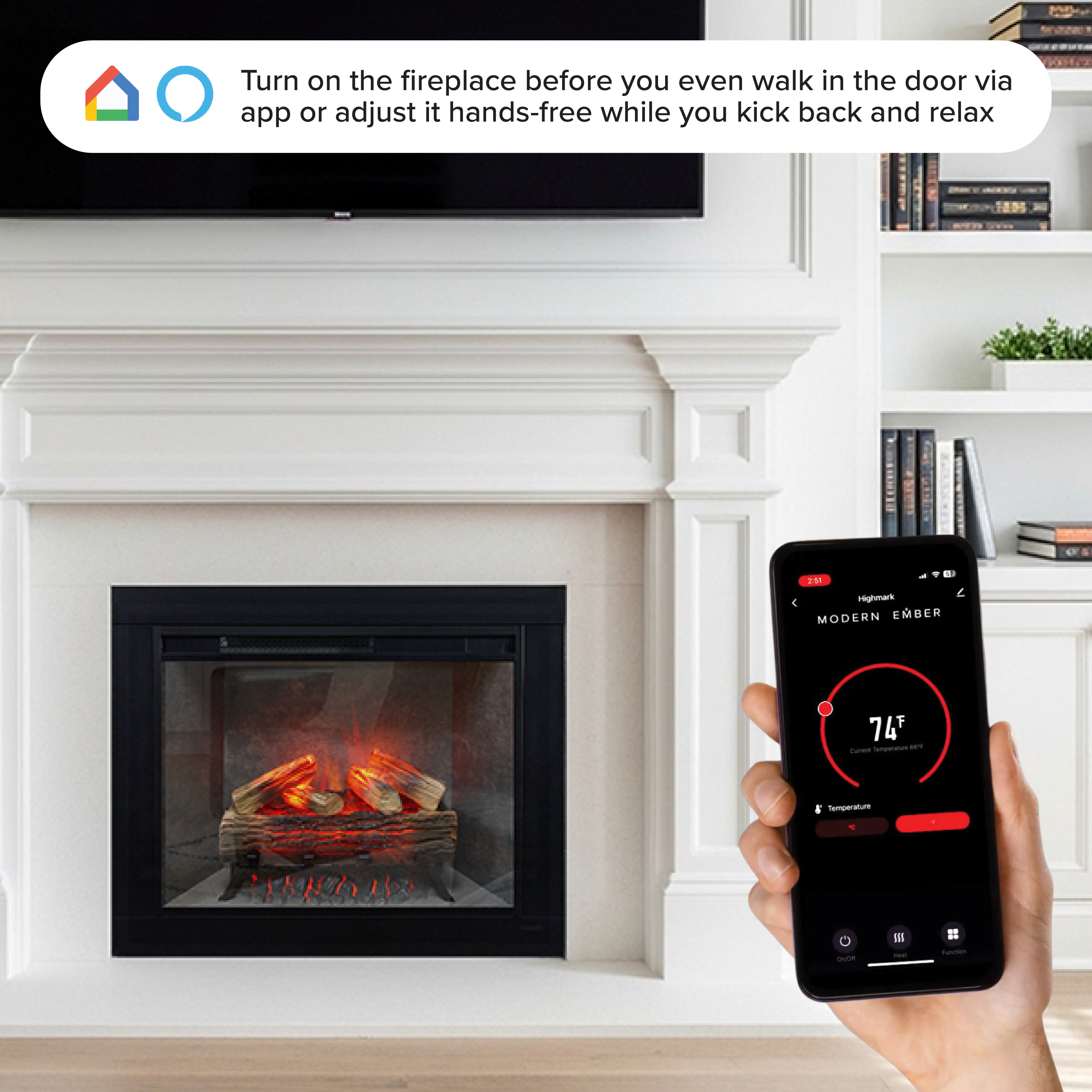 Smartphone screen showing the Smart app control for the Uptown Insert for use with Alexa and Google Home.