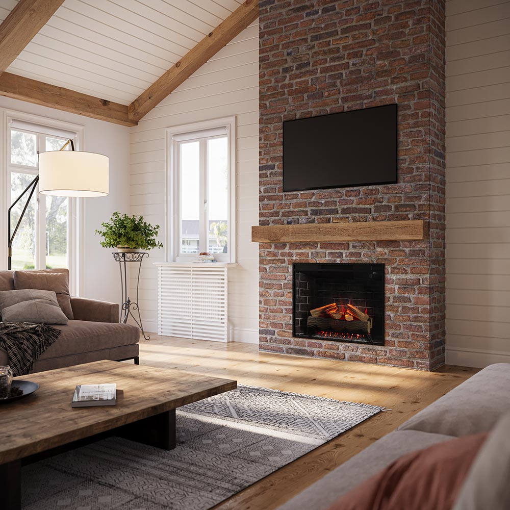 Modern living room with brick fireplace with Modern Ember Uptown 33-in Smart Electric Insert, TV, and wooden coffee table.