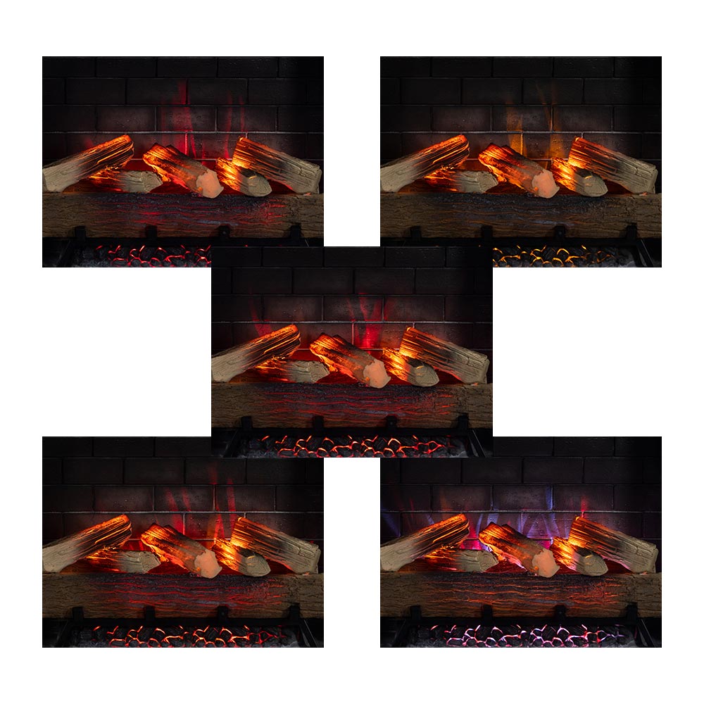 Grid displaying multiple flame effects and log glow options for the Uptown Insert, demonstrating 5 flame and ember colors.