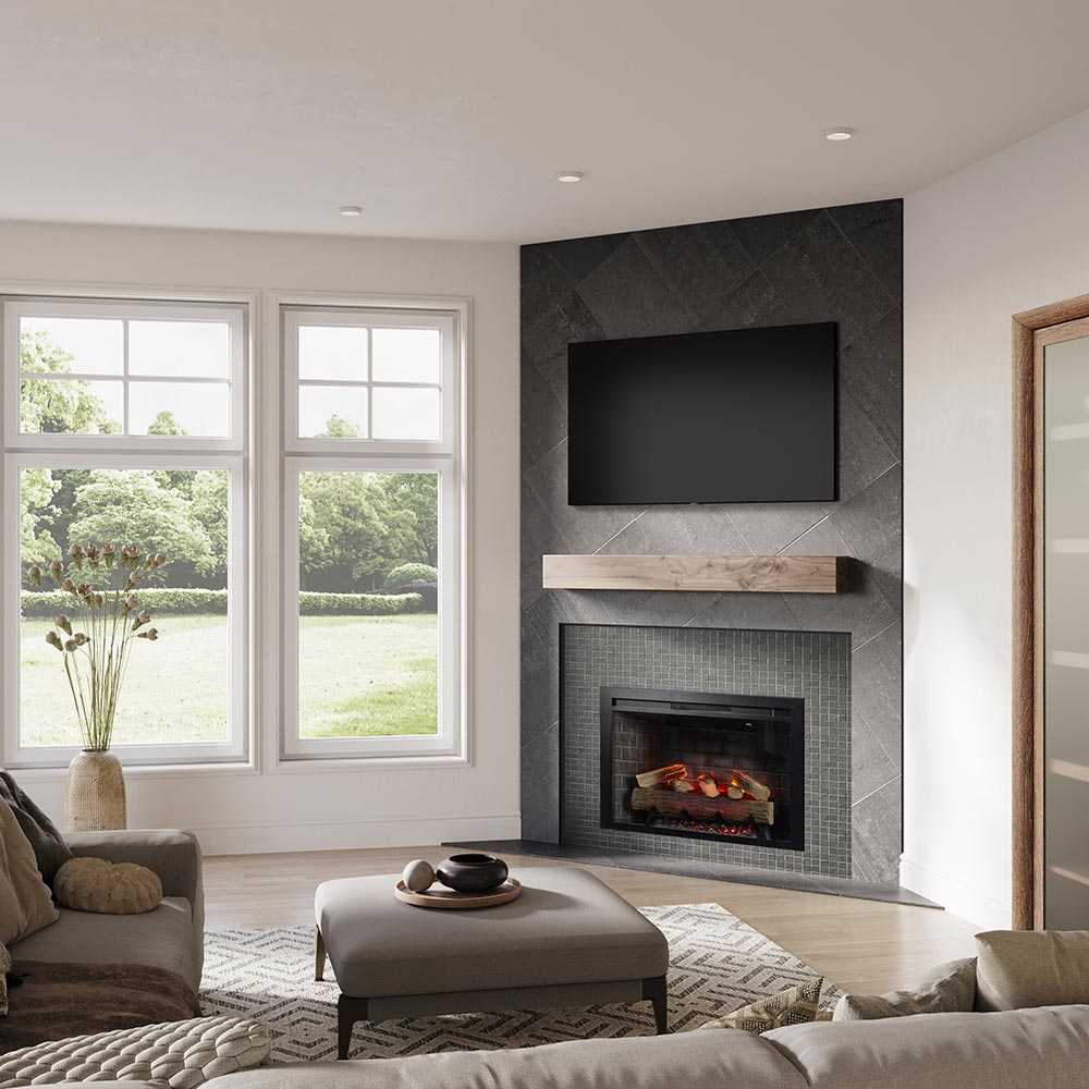 Angled view of the 36 inch Uptown Insert in a wood mantel installed in corner of a bright living room.