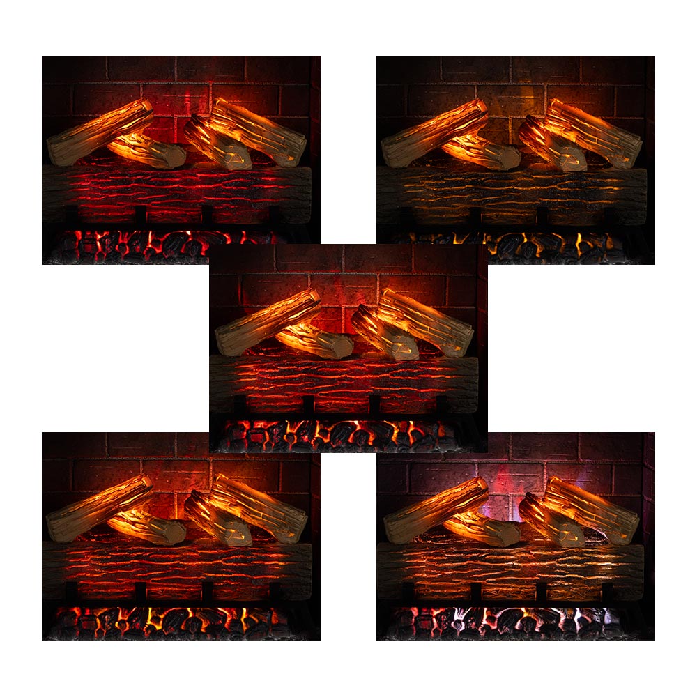 Grid displaying 5 different flame and ember color combinations for the 28" firebox insert.