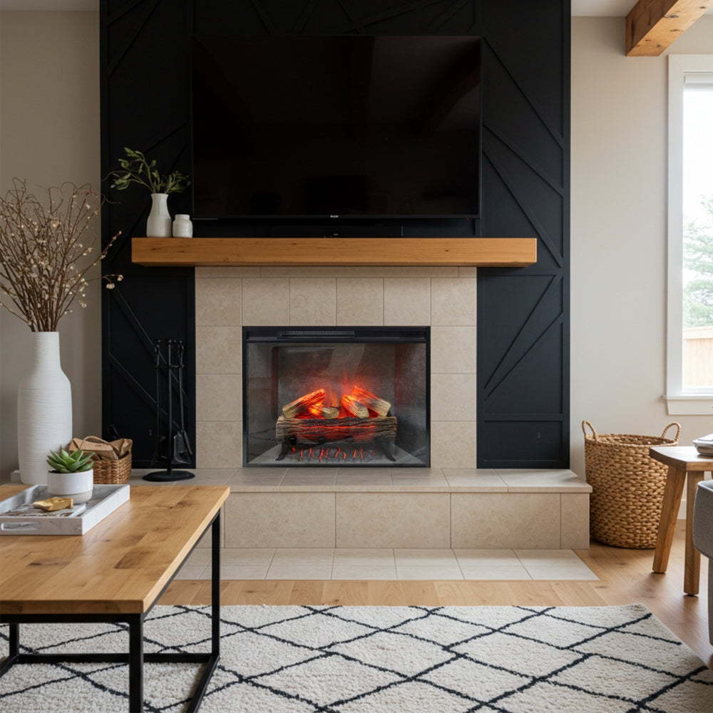 Uptown Smart Electric Insert installed under oak mantel, showcasing the realistic flames and resin hand-painted log set.