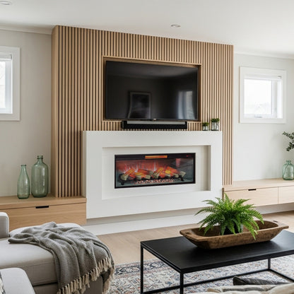 Angled view of the Uptown 42 inch Insert in a white mantel in a bright living room.