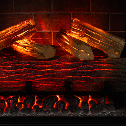 Close-up of the glowing resin hand-painted log set and ember bed inside the Uptown Insert.