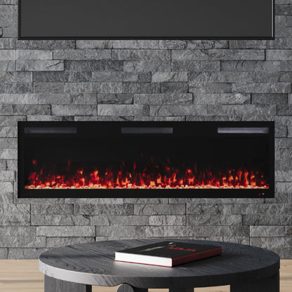 Vibrance Linear 60" Electric Fireplace with a sleek frameless build, recessed into a stacked stone wall with bright orange flames.