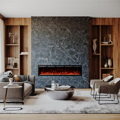 Wide view of a modern living space featuring the Vibrance 72" Linear Fireplace and the sleek wall design.