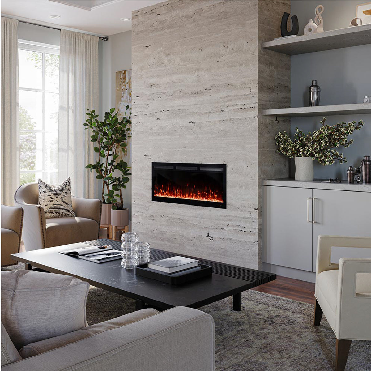 Angled view of the 42 inch Vibrance Fireplace in a cozy living room setup.
