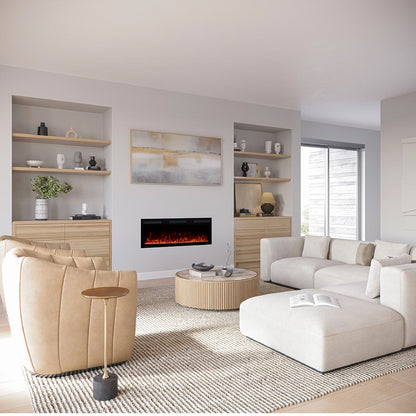 Angled view of the 50 inch  Vibrance Fireplace in a modern cream living room setup.
