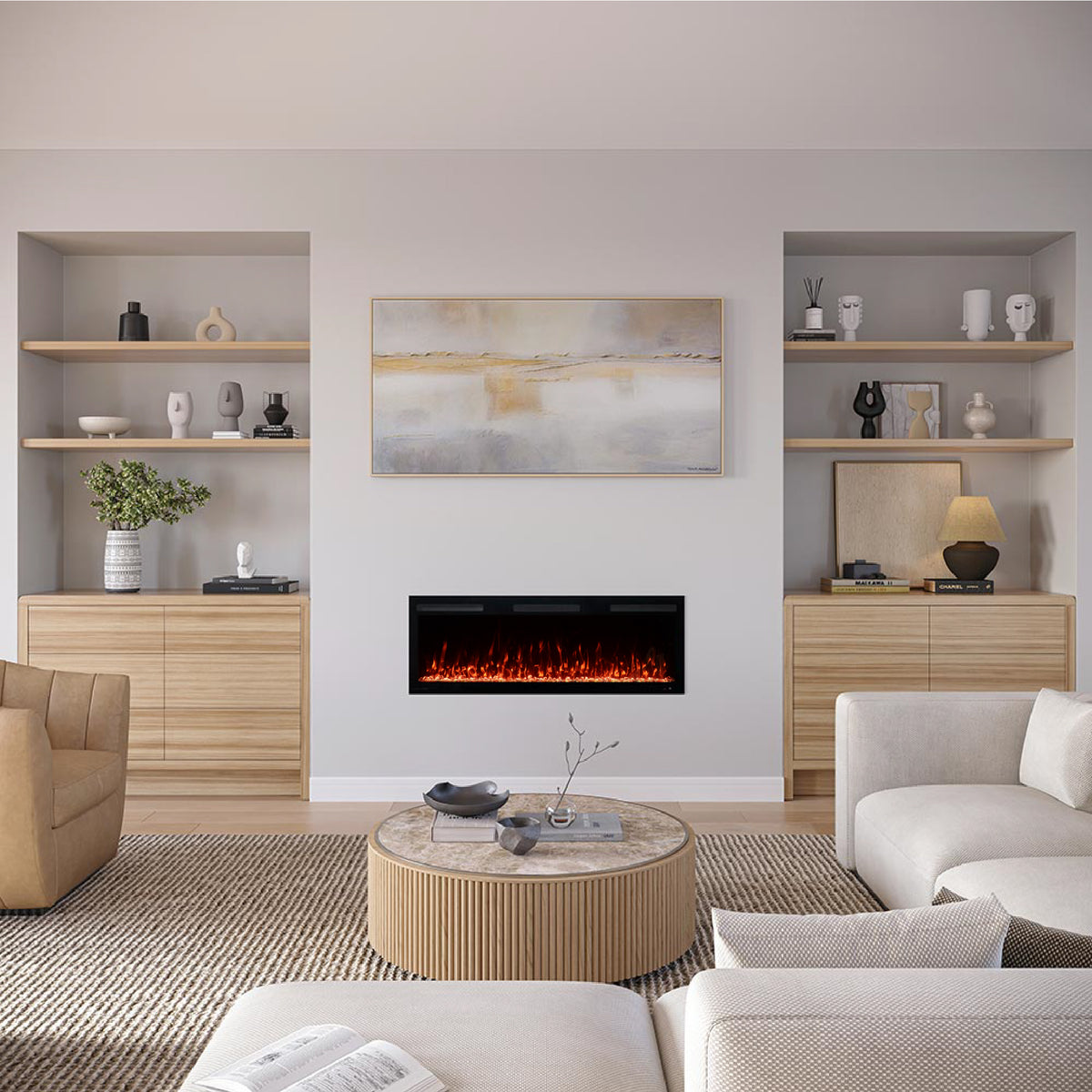 50 inch Vibrance Linear Fireplace installed in a modern cream living room, demonstrating ambiance and 400 sq. ft. supplemental warmth.
