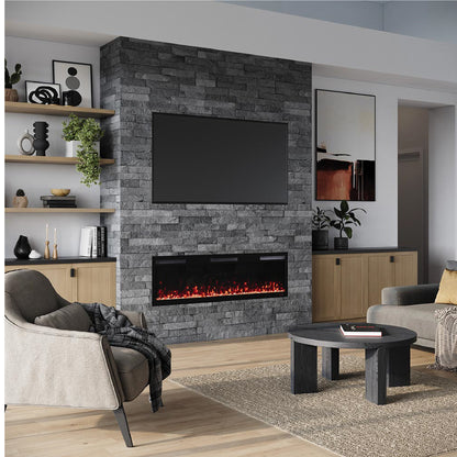 Angled view of the 60 inch Vibrance Fireplace in a cozy modern living room setup.