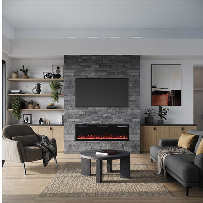 Vibrance 60 inch Linear Fireplace mounted beneath a TV in a modern living room setting.