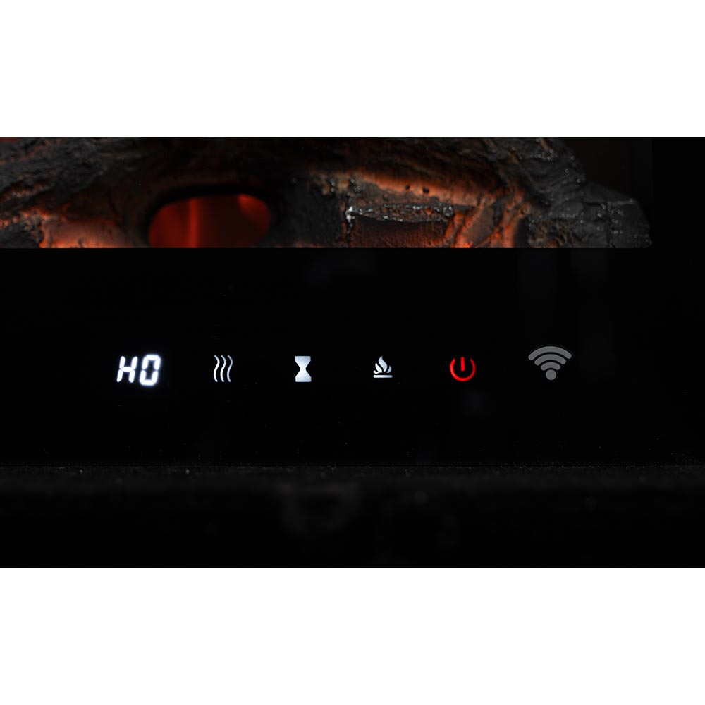 Close-up of the digital touch control panel and temperature display for the fireplace.