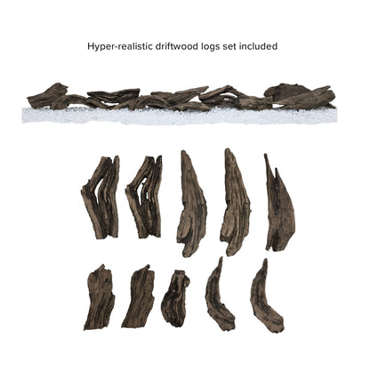 Close-up of the sculpted hand-painted driftwood logs and crystal embers media inside the firebox.