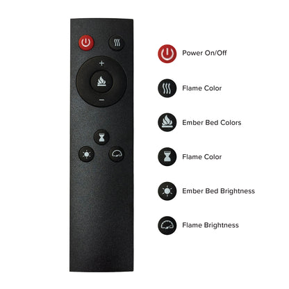 Full layout of the remote control for the Vibrance Fireplace, showing buttons for heat, flame color, and speed.