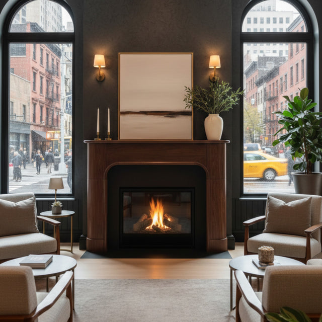 Living room with fireplace, chairs, and city view
